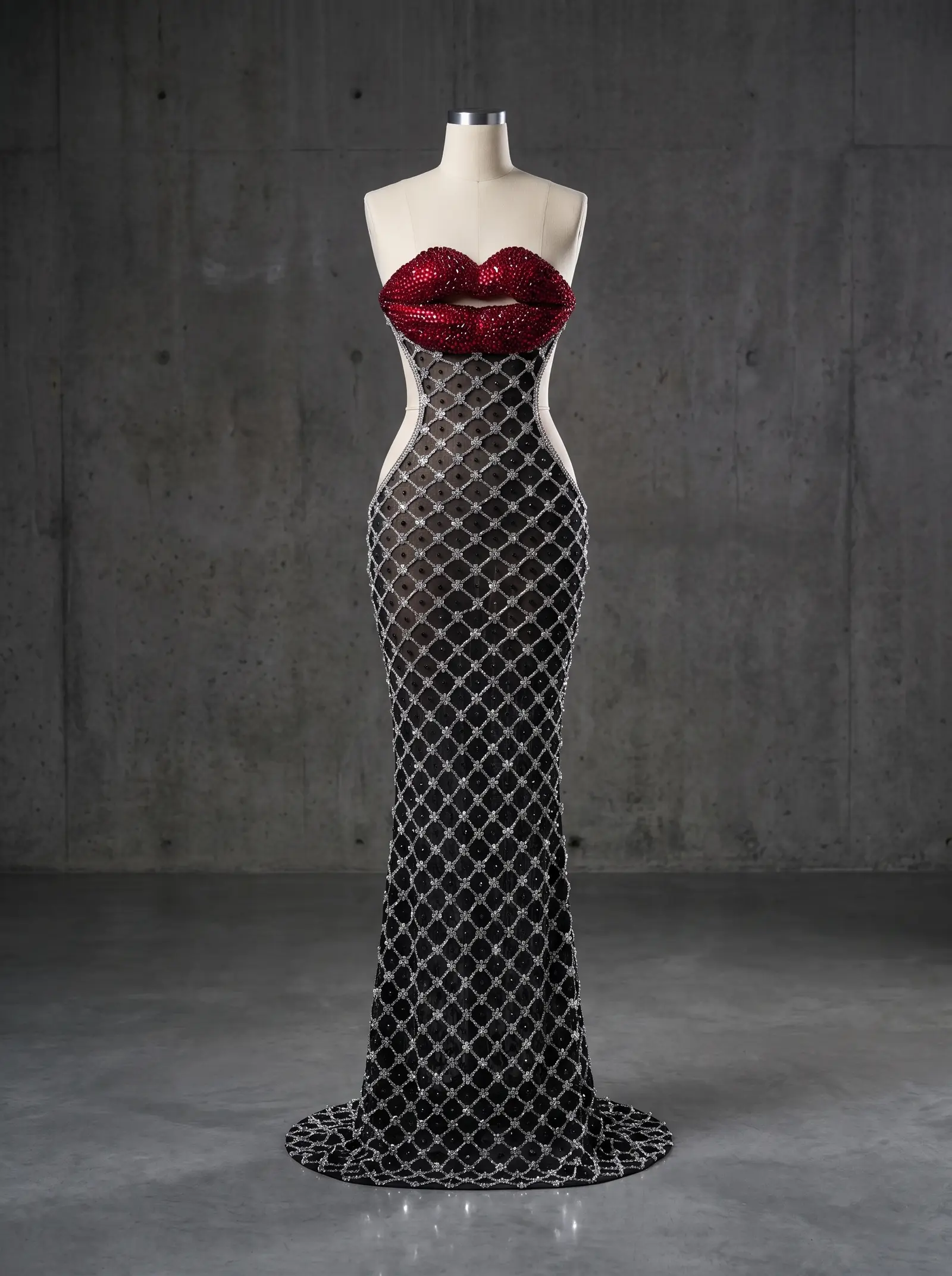 Black and ruby Kiss column gown, mannequin