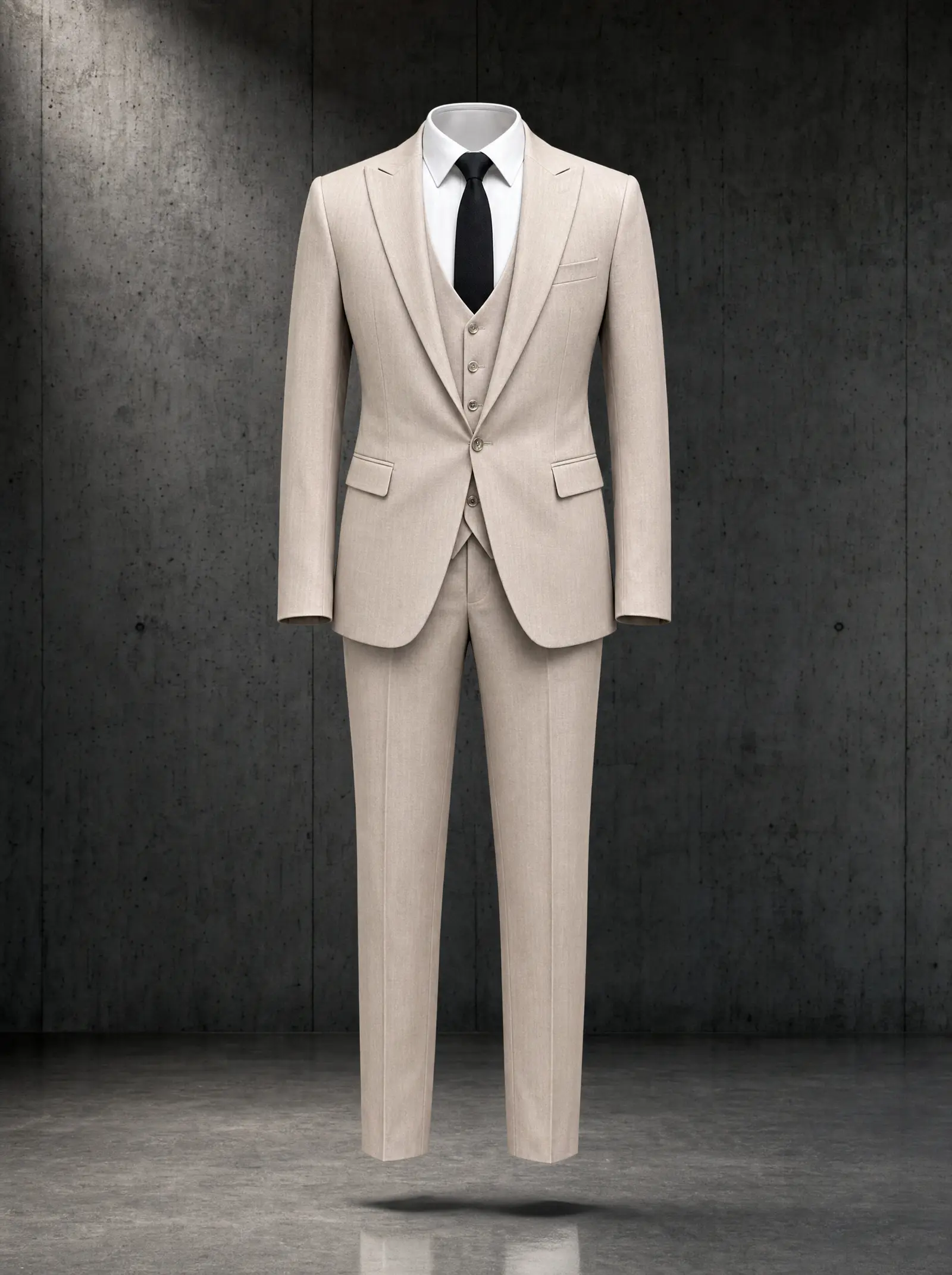 Stone herringbone Covenant three piece suit, ghost