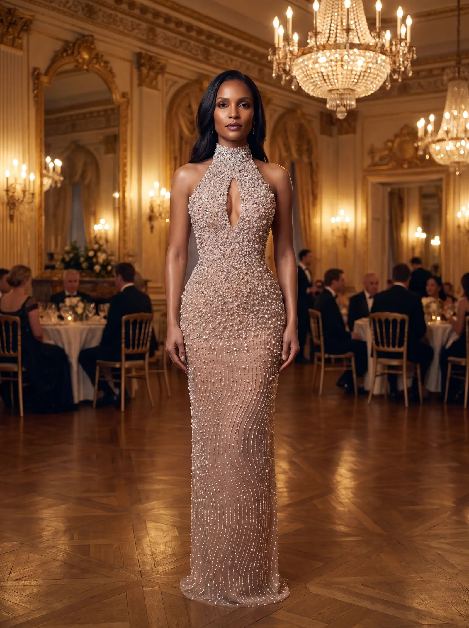 Champagne pearl Luster column gown occasion photograph