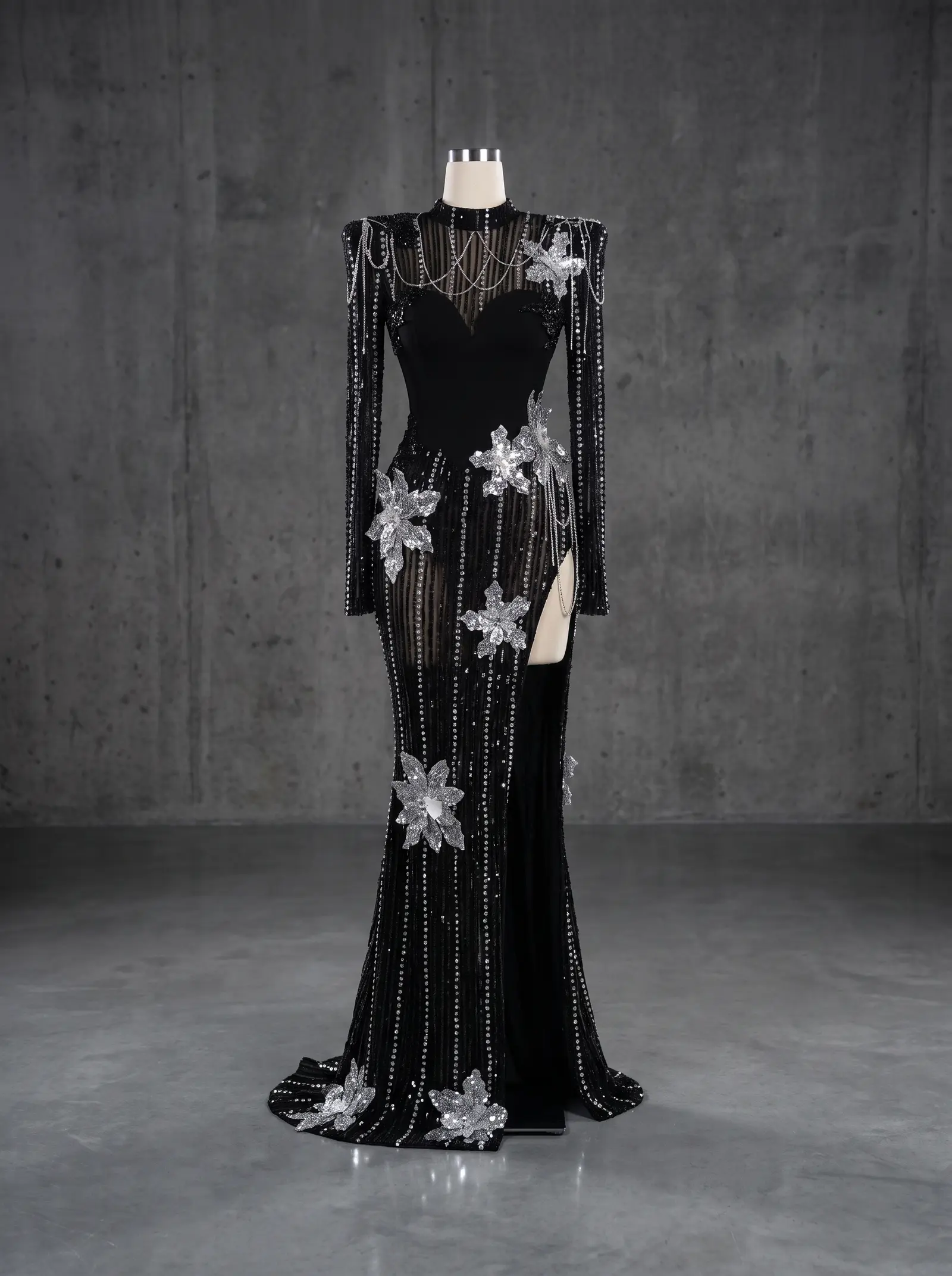 Black and silver Midnight column gown, mannequin