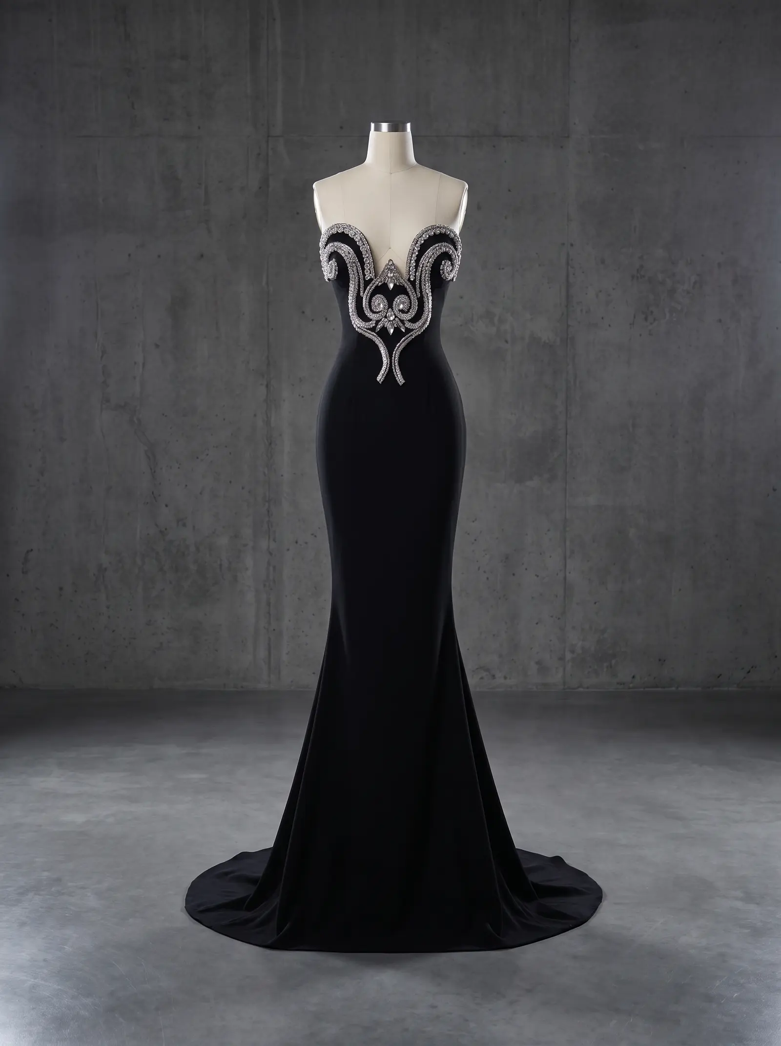 Black Filigree mermaid gown, mannequin