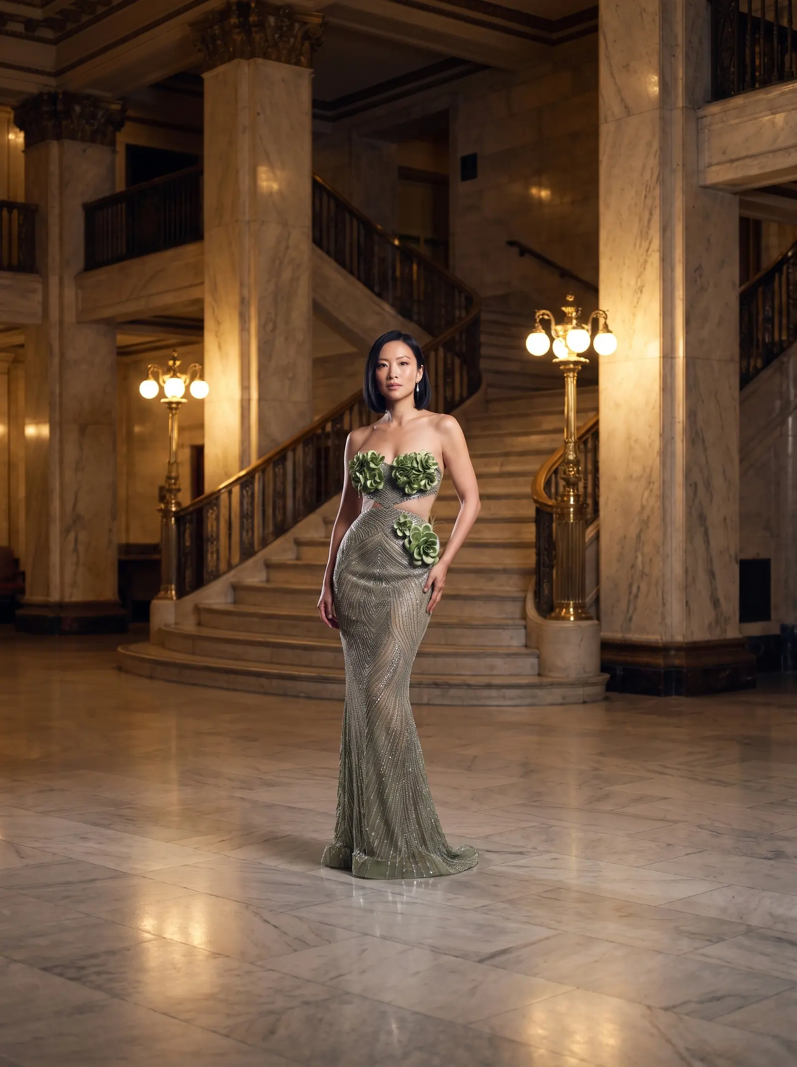 Sage and silver Bloom mermaid gown occasion photograph