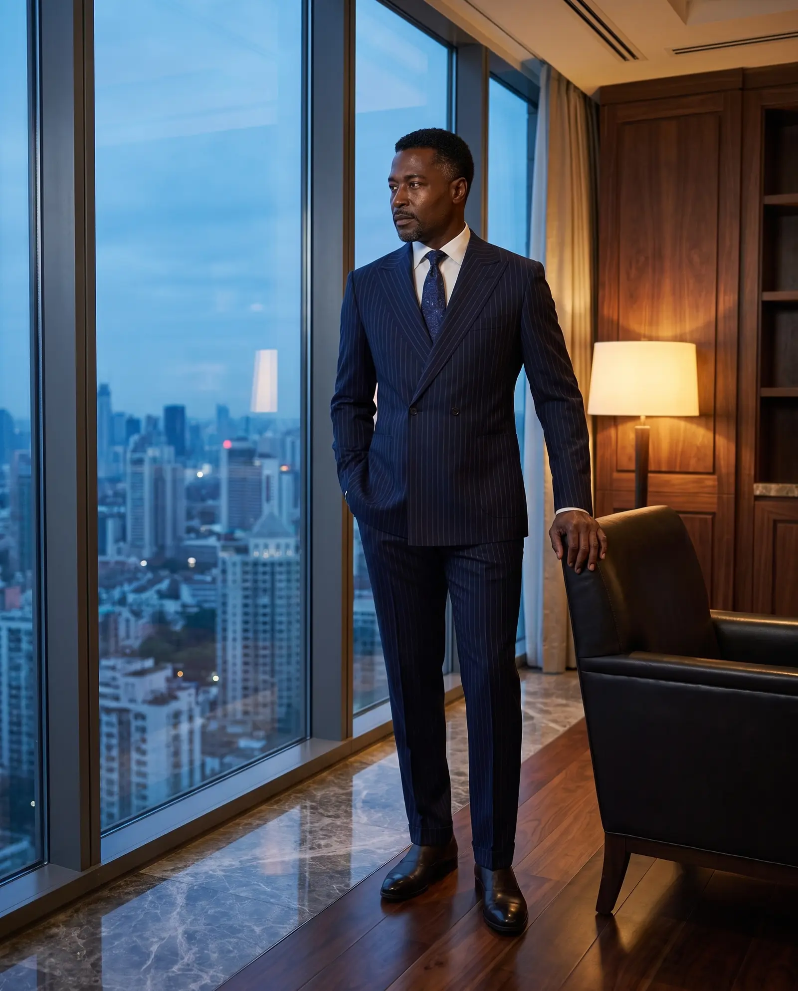 Navy pinstripe Harrington suit occasion photograph