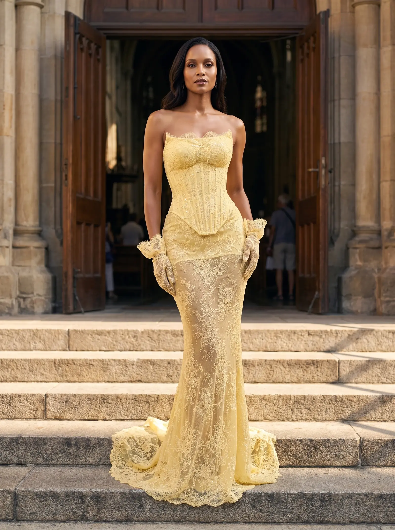 Buttercup yellow Sunbeam lace gown occasion photograph