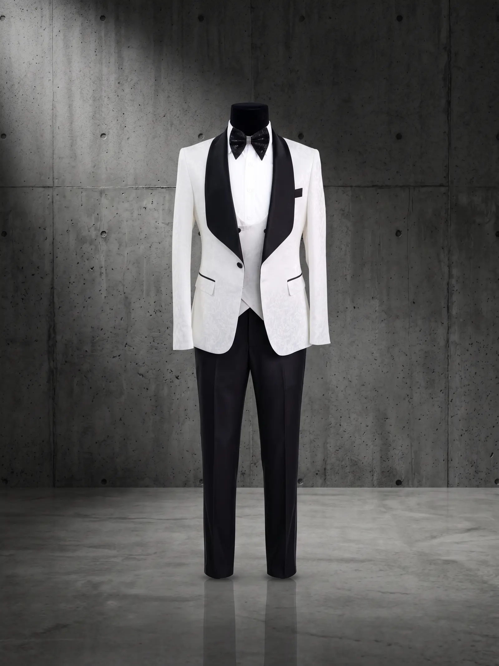 White jacquard Tivoli three piece tuxedo