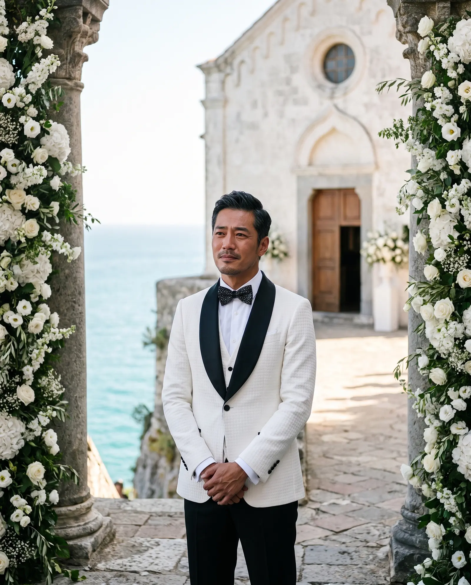 White quilted Como three piece tuxedo occasion photograph