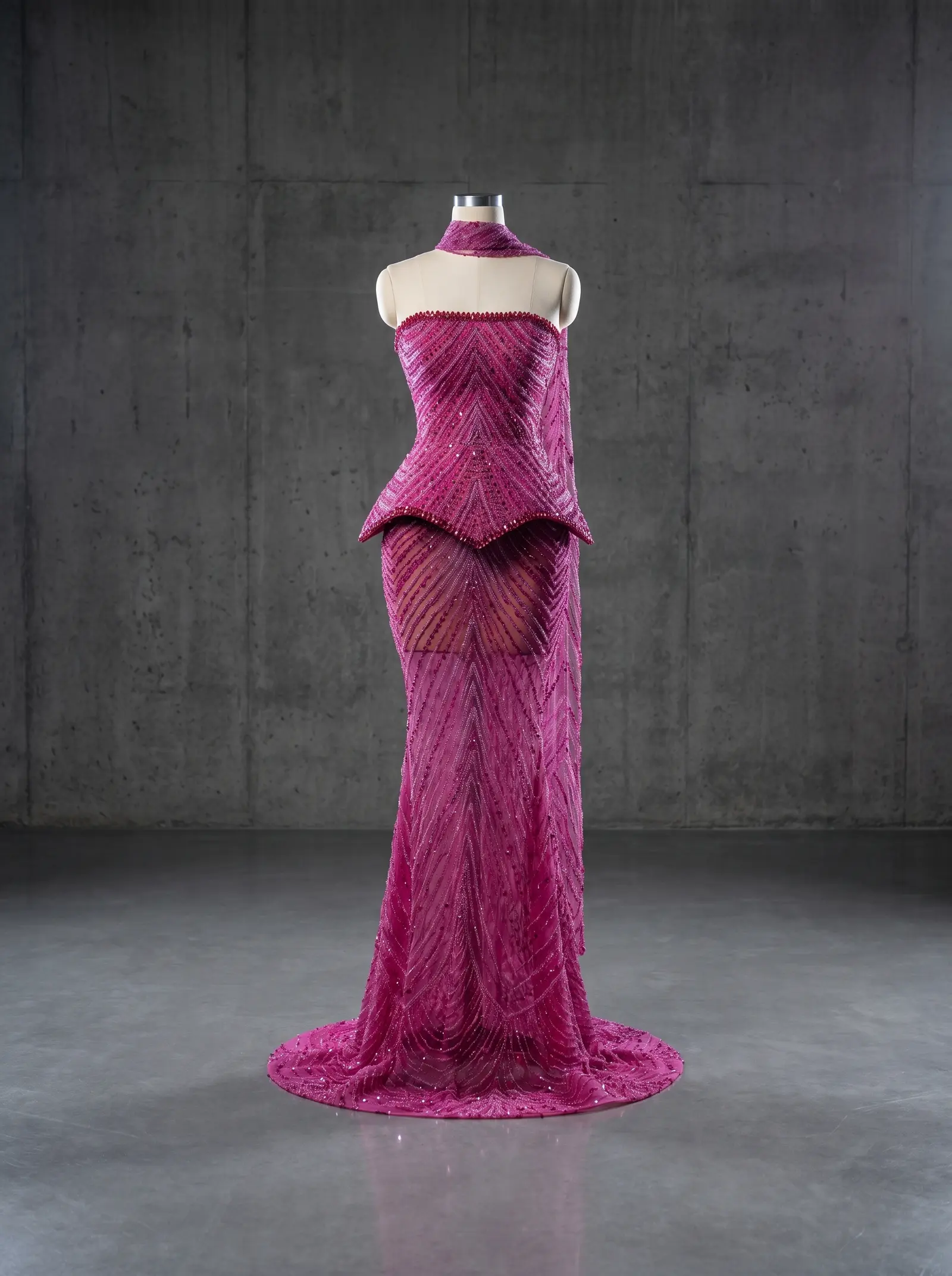 Magenta Dahlia gown, mannequin