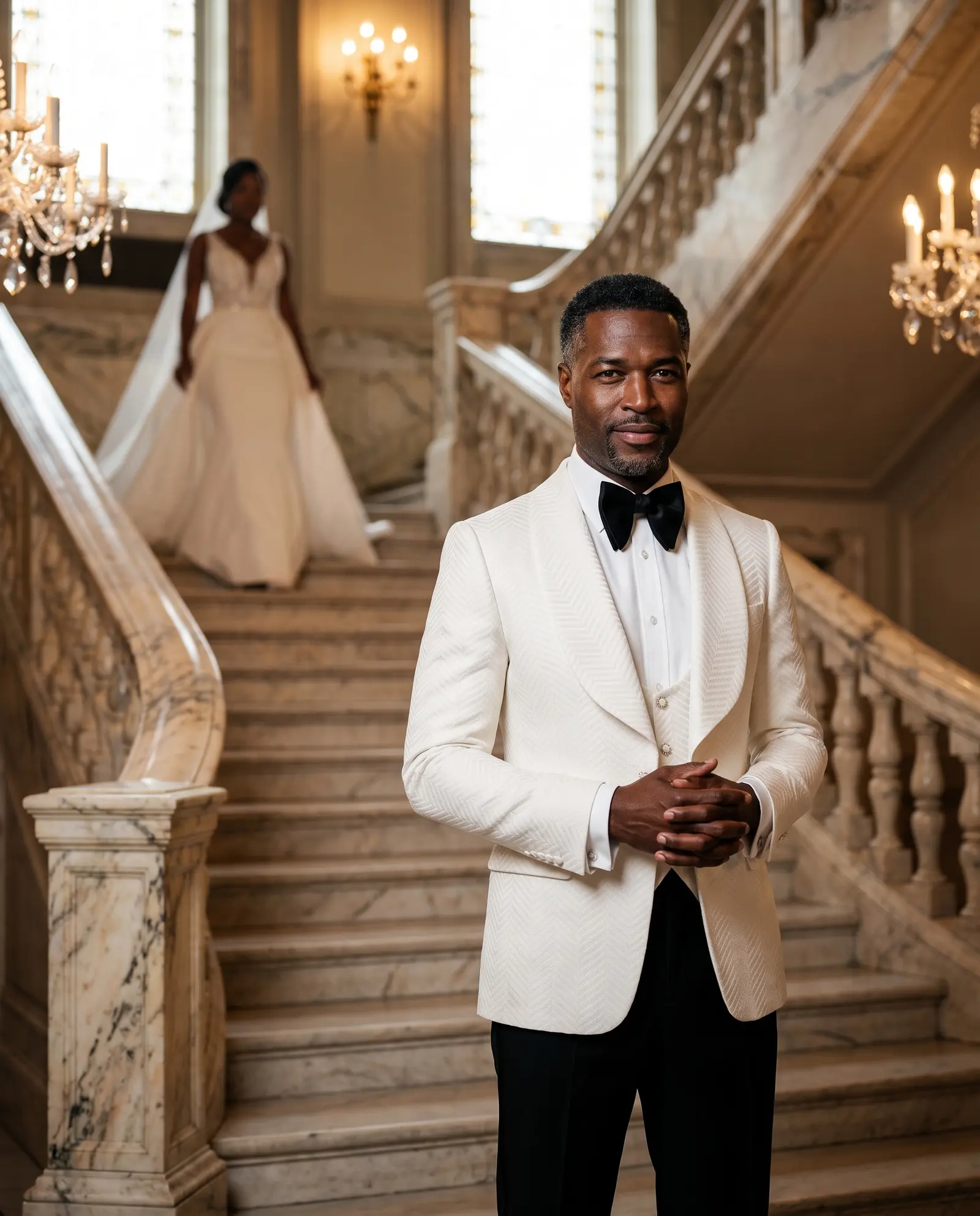 White chevron Stresa three piece tuxedo