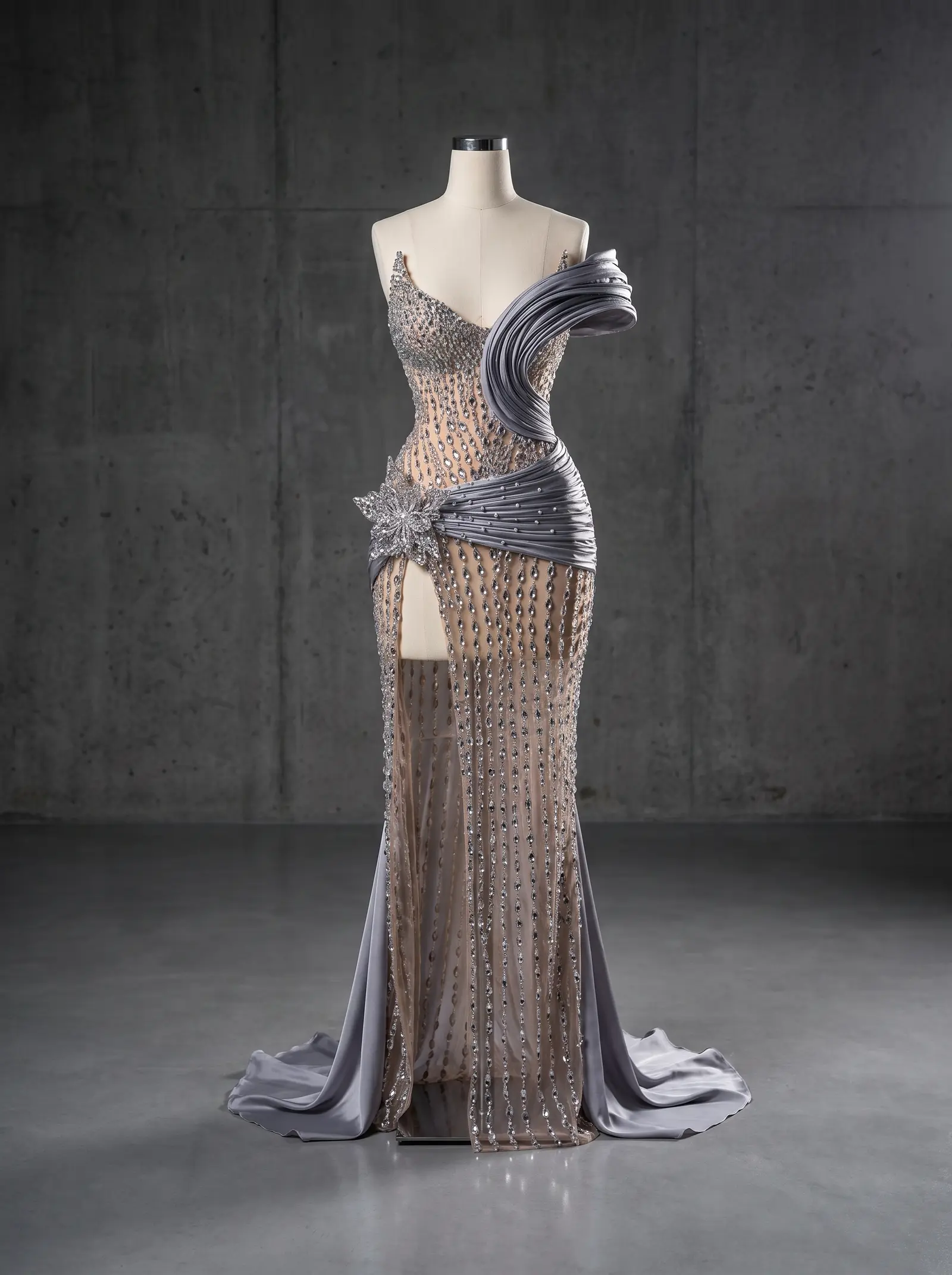 Silver and dove Tide gown, mannequin