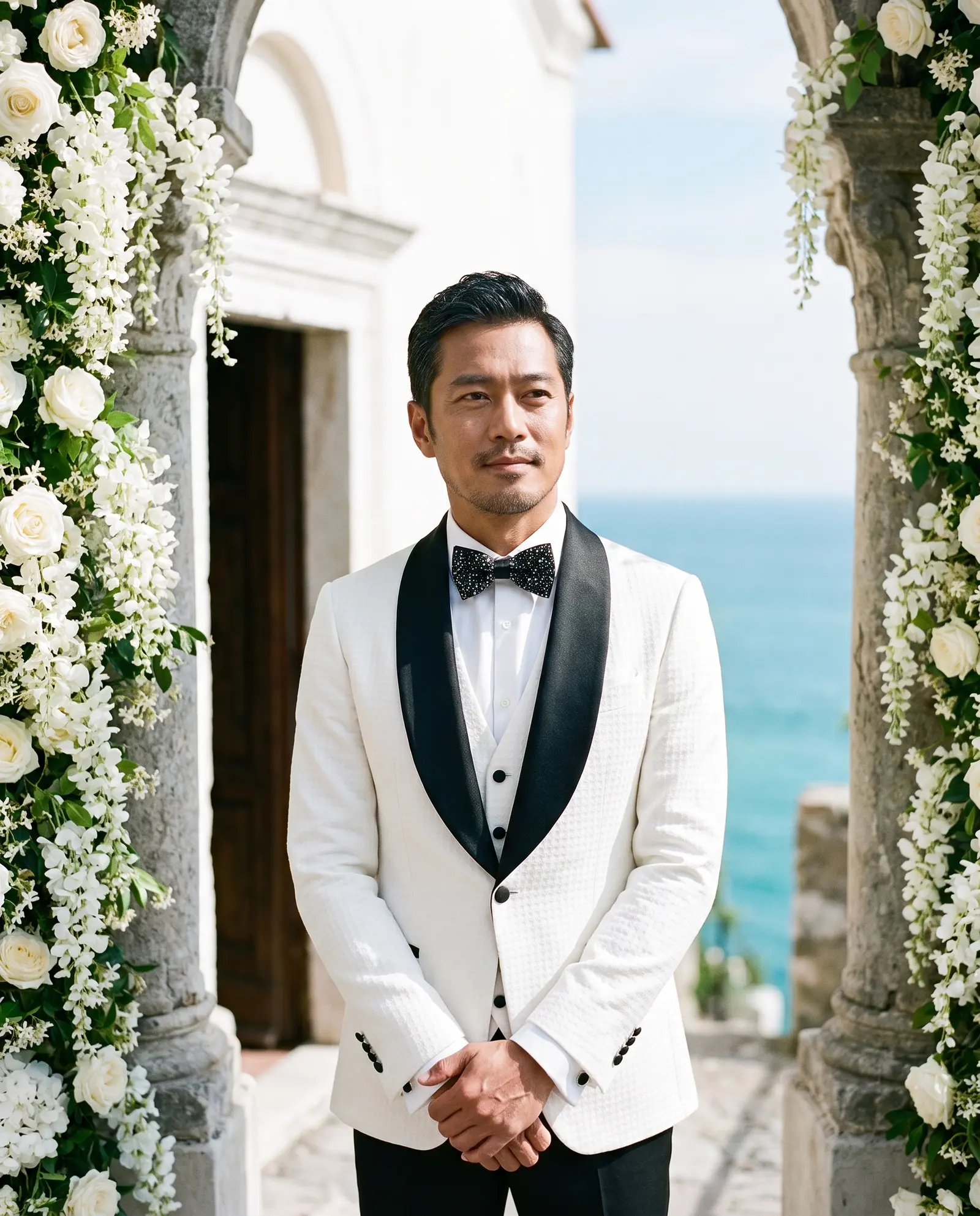 White quilted Como three piece tuxedo occasion photograph