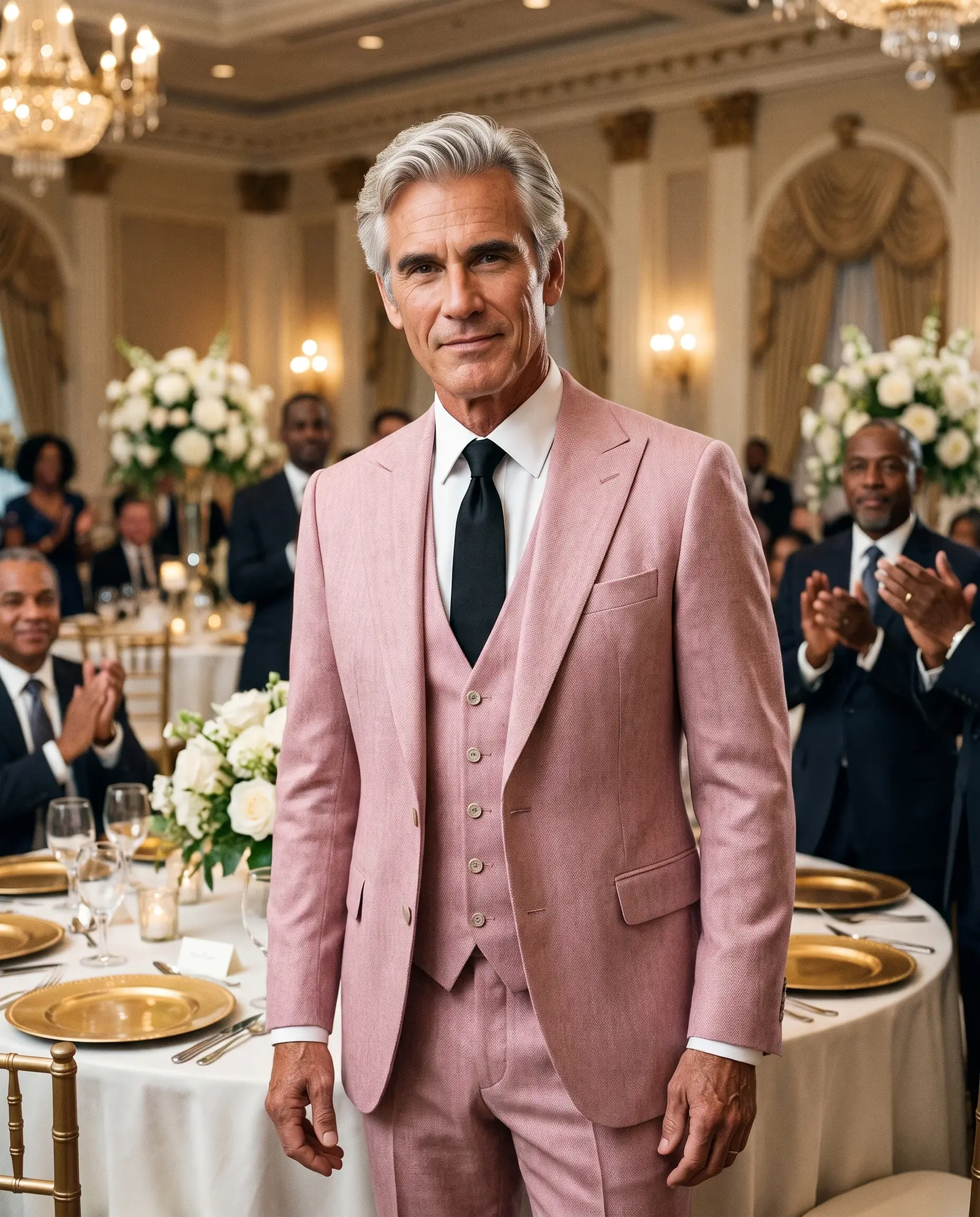 Blush herringbone Covenant three piece suit
