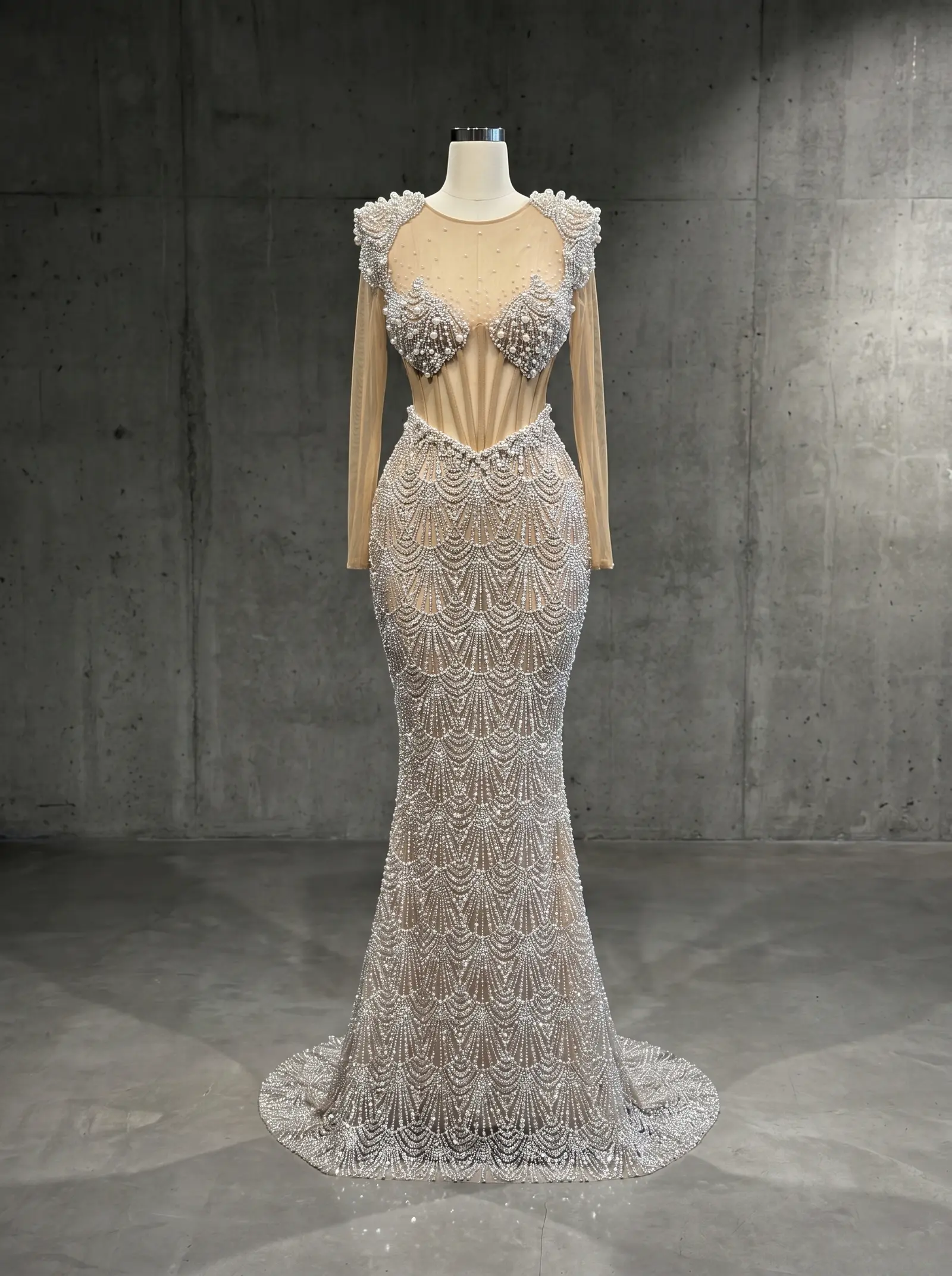 Silver and pearl Siren mermaid gown, mannequin