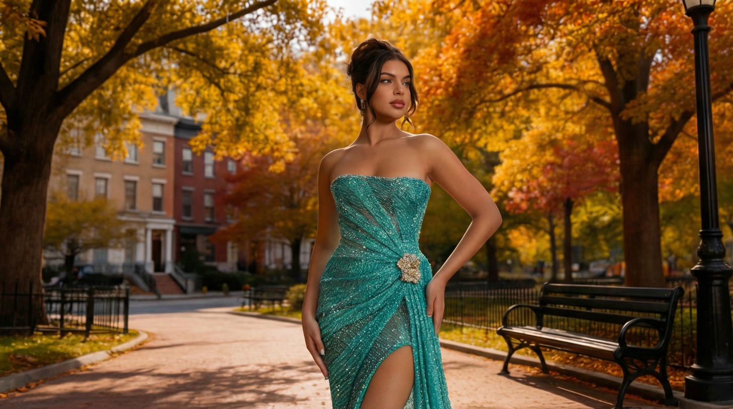 A gown from the Estate archive photographed outdoors
