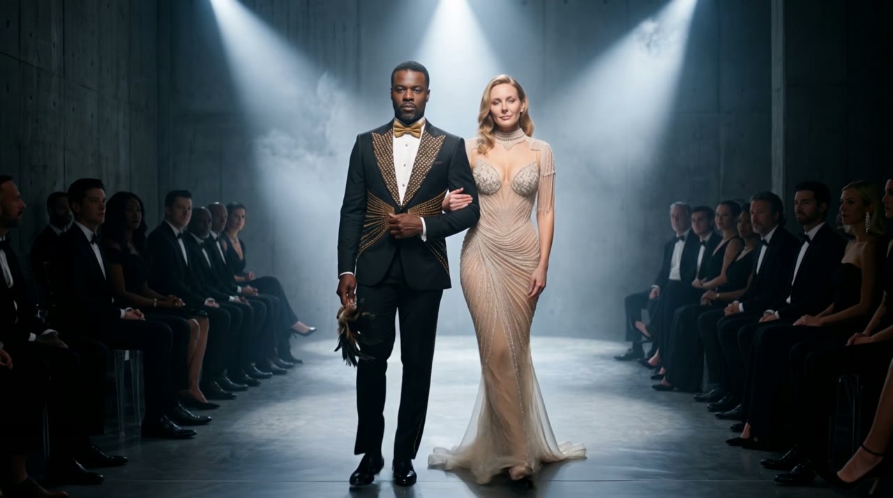 A couple wearing Black and gold Sunburst tuxedo and Champagne Jubilee mermaid gown