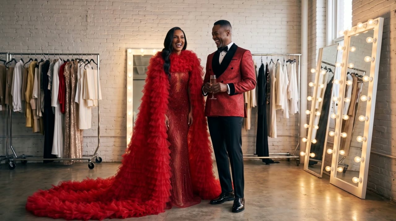 A couple wearing Red metallic Inferno double breasted tuxedo and Deep red Ember gown and cape
