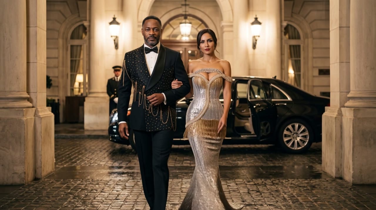 A couple wearing Black and gold Reign tuxedo and Silver and gold Meridian mermaid gown