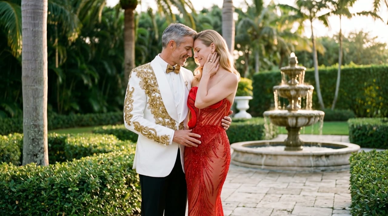 A couple wearing White and gold Cascade tuxedo and Scarlet Flare gown