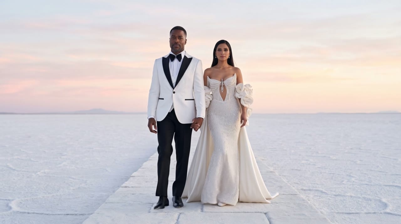 A couple wearing White jacquard Portofino three piece tuxedo and Ivory pearl Eternity bridal gown