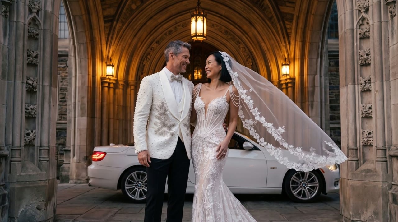 A couple wearing White pearl Avalanche tuxedo and Ivory lace Devotion bridal gown