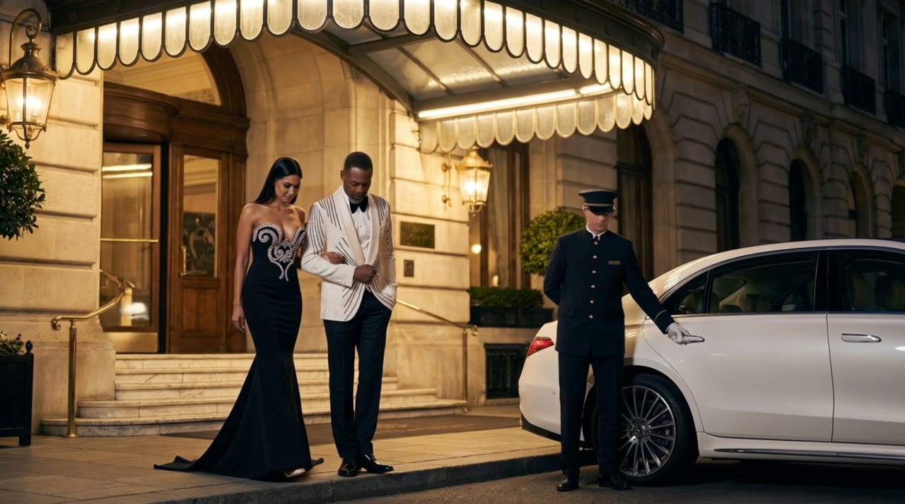 A couple wearing Ivory and black Radar tuxedo and Black Filigree mermaid gown