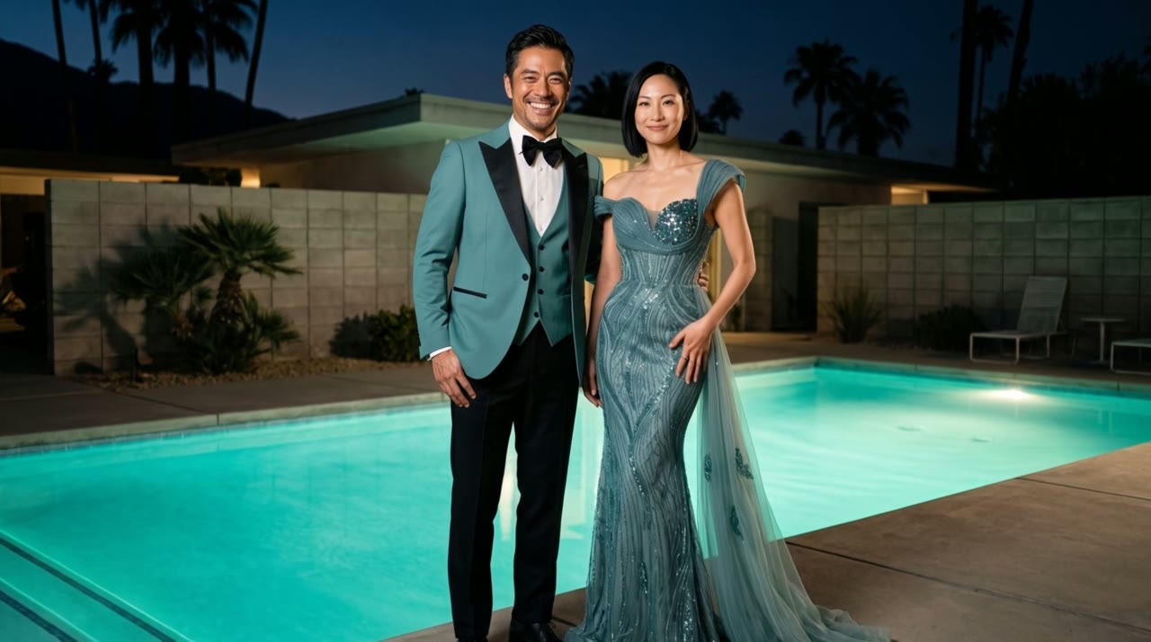 A couple wearing Teal Marrakesh three piece tuxedo and Teal Lagoon mermaid gown