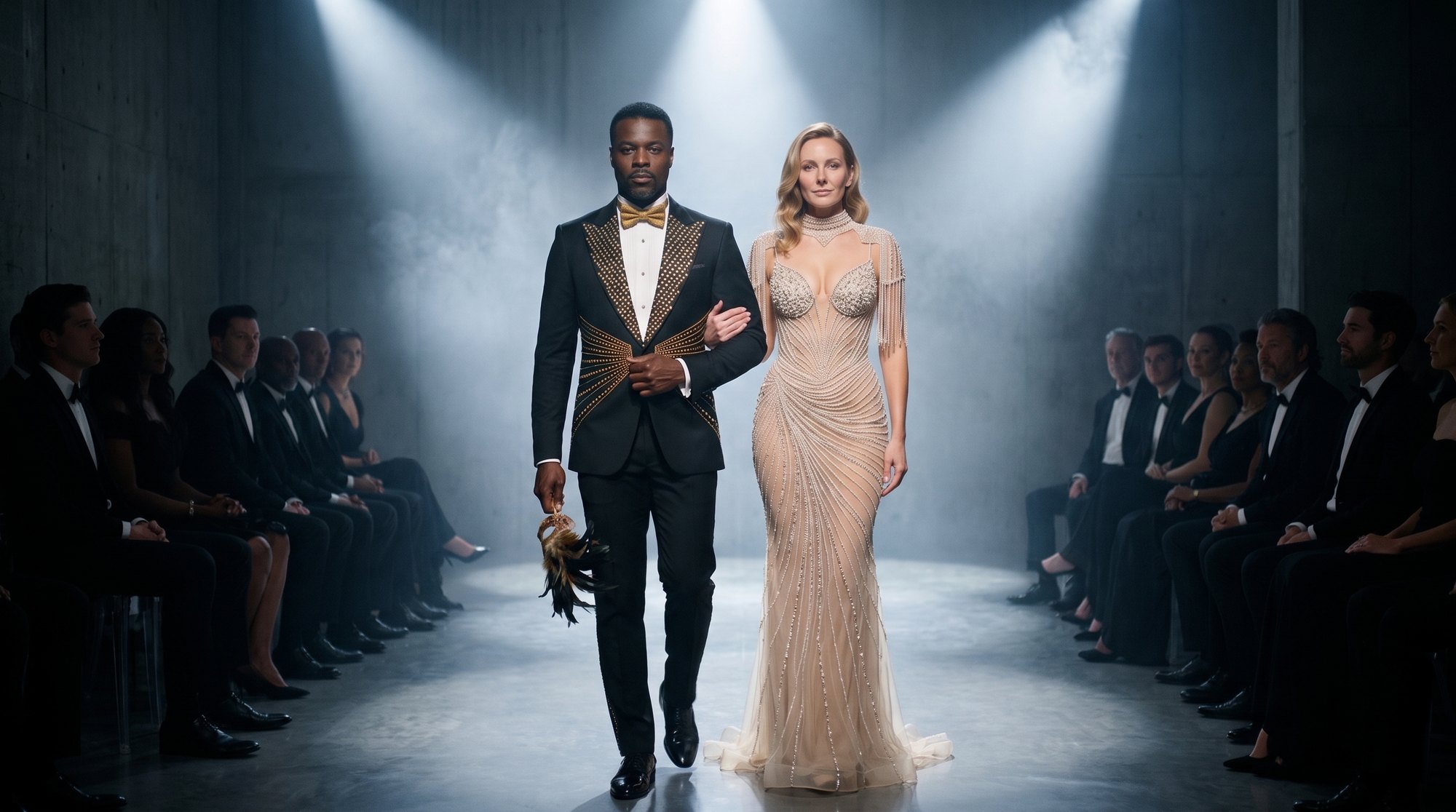A couple wearing Black and gold Sunburst tuxedo with its paired formalwear look