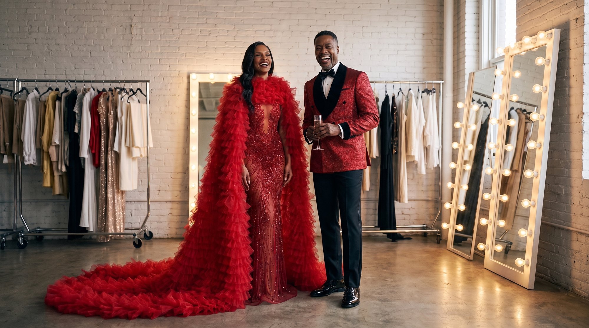 A couple wearing Red metallic Inferno double breasted tuxedo with its paired formalwear look