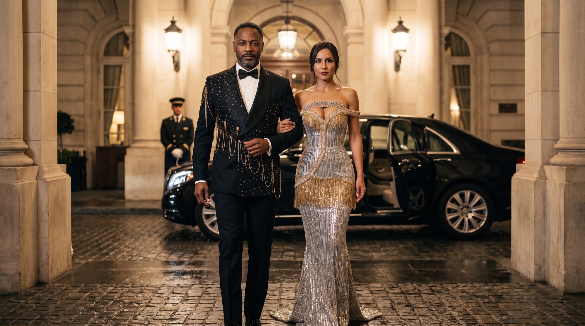 A couple wearing Black and gold Reign tuxedo with its paired formalwear look