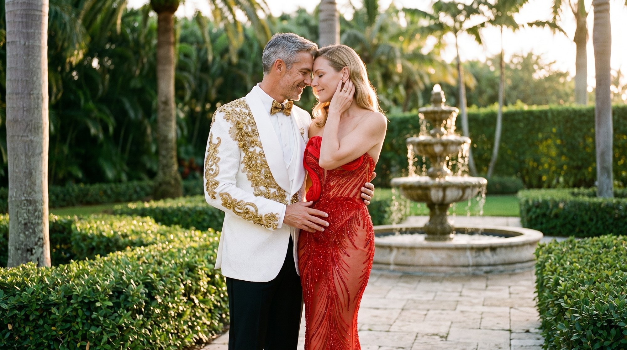 A couple wearing White and gold Cascade tuxedo with its paired formalwear look