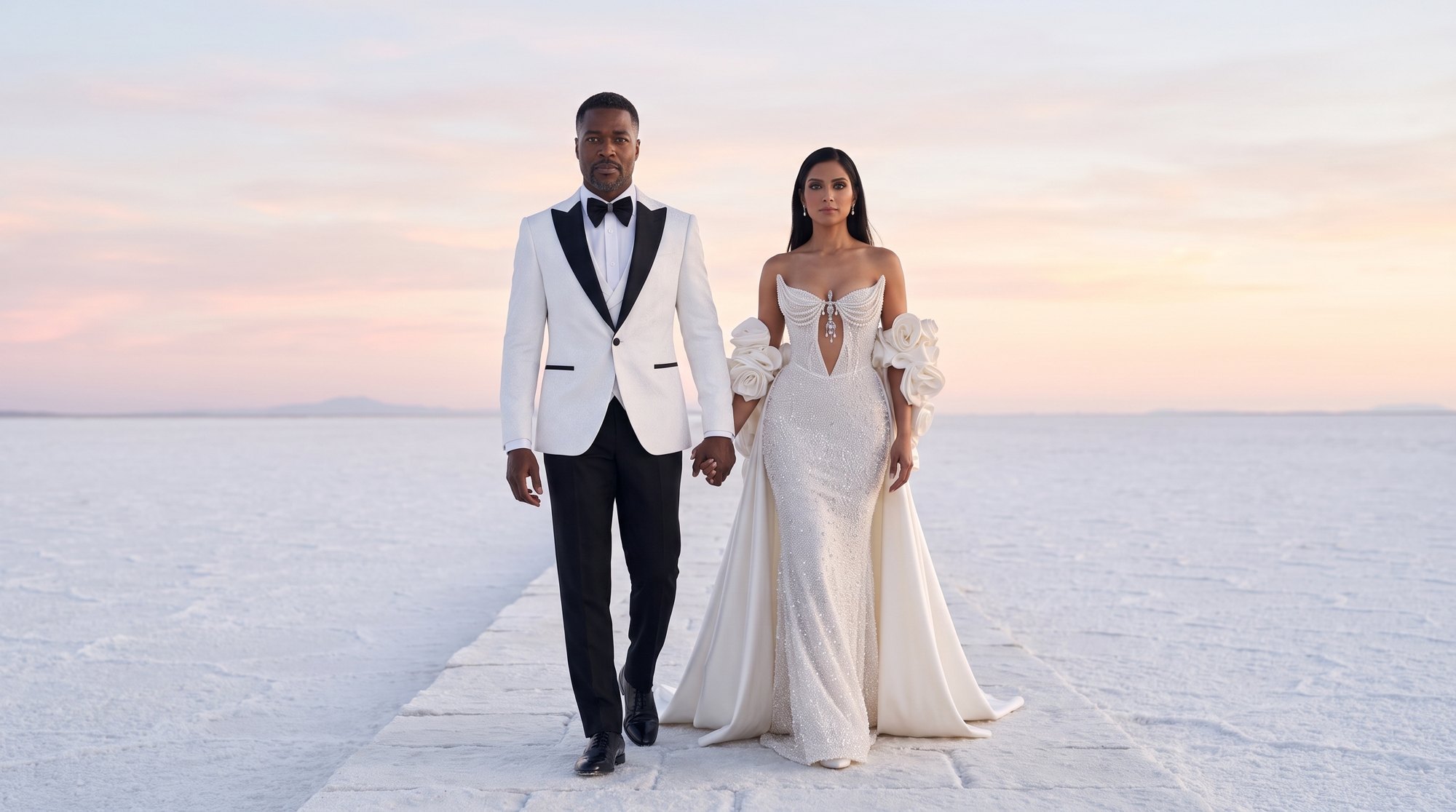A couple wearing White jacquard Portofino three piece tuxedo with its paired formalwear look