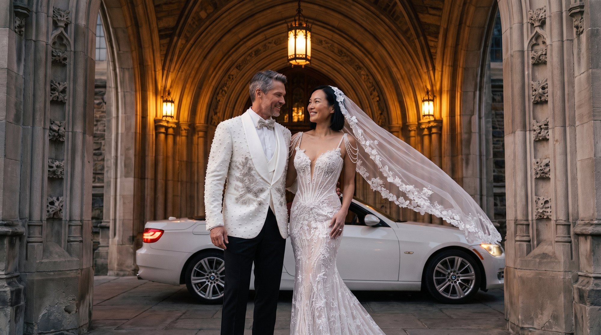 A couple wearing White pearl Avalanche tuxedo with its paired formalwear look
