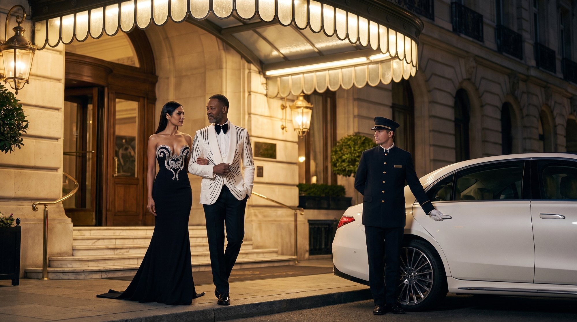 A couple wearing Ivory and black Radar tuxedo with its paired formalwear look