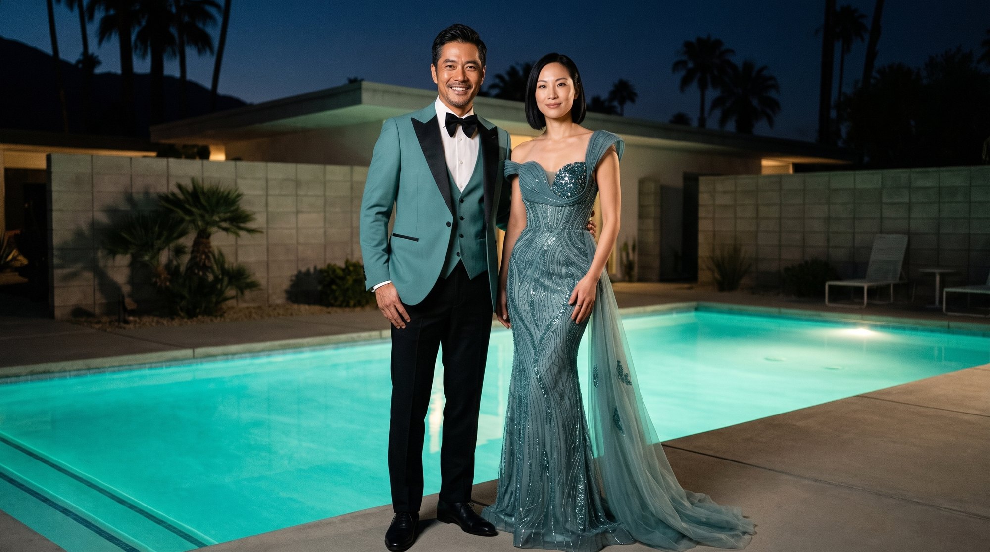 A couple wearing Teal Marrakesh three piece tuxedo with its paired formalwear look